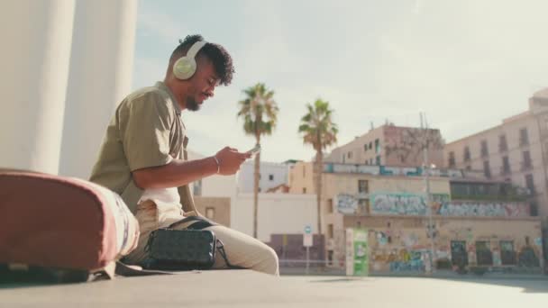 Young Male Student Dressed Olive Color Shirt Sits Next University — Vídeos de Stock