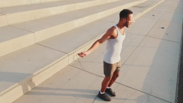 Young Bearded Male Fit Athlete Jumping Rope Embankment — Vídeo de Stock