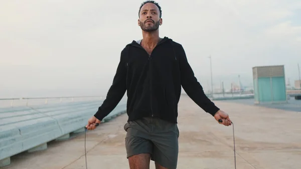 Young Bearded Male Athlete Jumping Rope Embankment — Foto de Stock