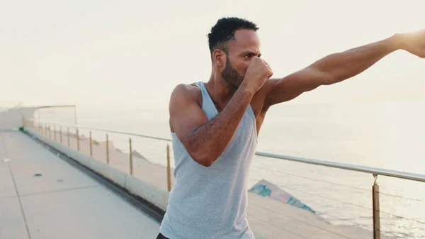 Young Bearded Male Fit Athlete Boxer Practicing Punching Technique While — Foto de Stock