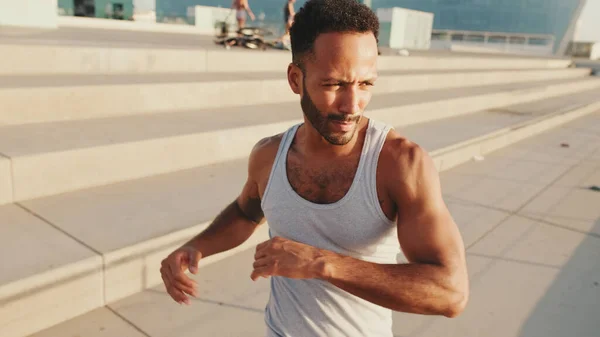 Close Young Bearded Male Athlete Doing Workout Stretching Embankment — Foto de Stock