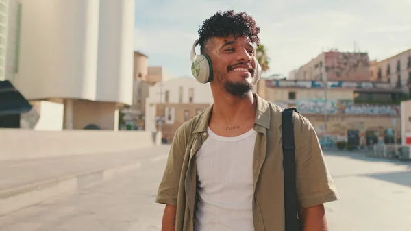 Young Man Beard Olive Colored Shirt Listens Music Headphones Dances — Stockfoto