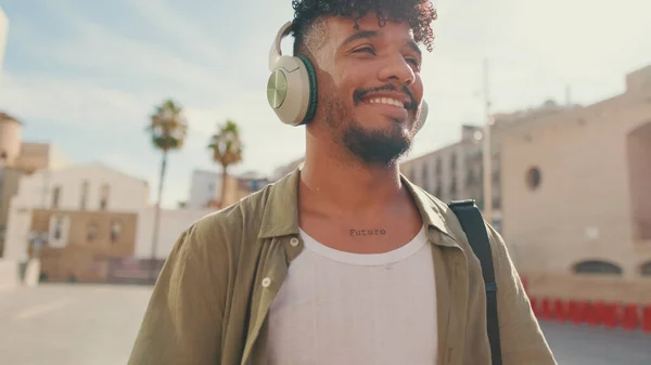 Young Man Beard Olive Colored Shirt Listens Music Headphones Dances — Photo