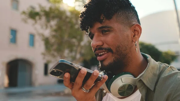 Close Young Man Beard Wearing Olive Colored Shirt Headphones Sends — Photo