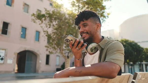 Close Young Man Beard Wearing Olive Colored Shirt Headphones Sends — Stockfoto
