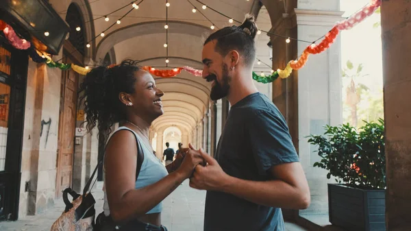 Happy Interracial Couple Dancing Outdoors — Stok fotoğraf
