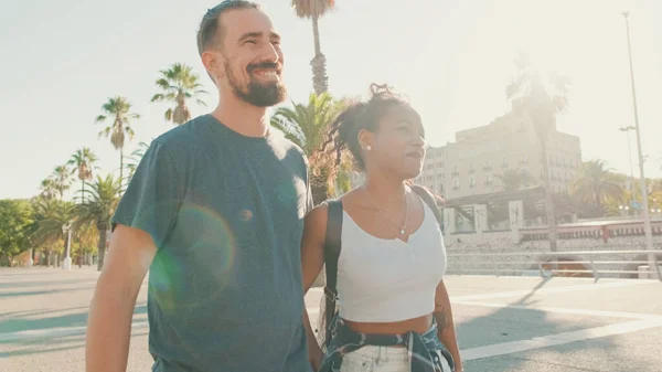 Happy Interracial Couple Walking Talking Smiling Street Holding Hands — Stok fotoğraf