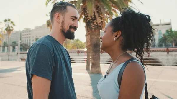 Happy Interracial Couple Looking Each Other — Stok fotoğraf