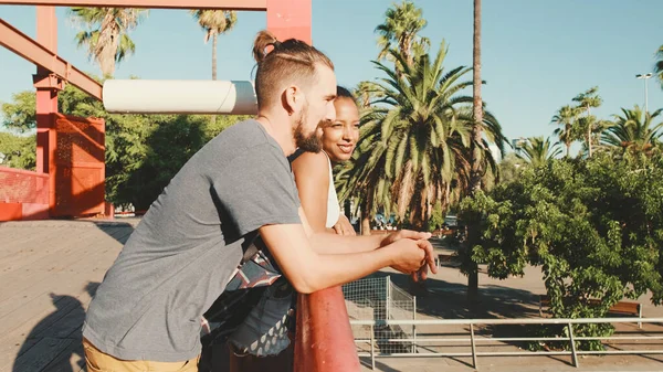 Close Interracial Couple Standing Bridge — Stok fotoğraf