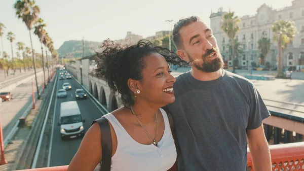 Close Happy Interracial Couple Talking While Standing Bridge — Stock fotografie