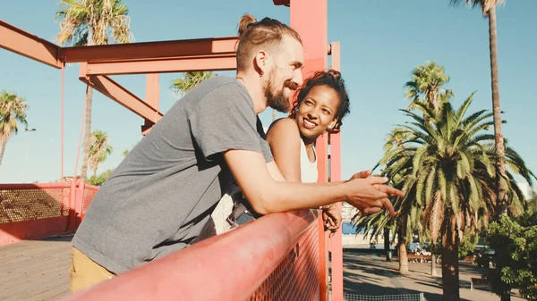 Close Interracial Couple Standing Bridge — Stok fotoğraf