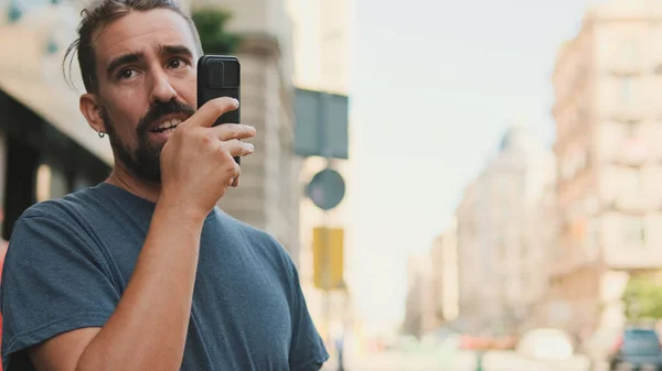 Close Young Man Beard Uses Cellphone While Standing Crosswalk Sends — Zdjęcie stockowe