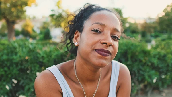 Young Mixed Race Woman Sitting Park Bench Smiling Looking — Foto de Stock