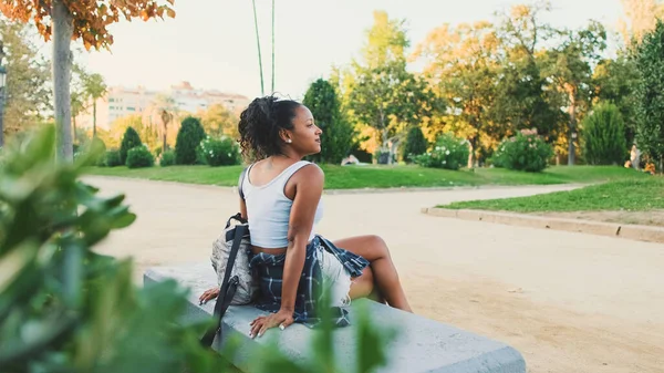 Young Mixed Race Woman Sitting Park Bench Smiling Looking —  Fotos de Stock