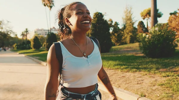 Laughing Young Mixed Race Woman Walking Path Park — Fotografia de Stock