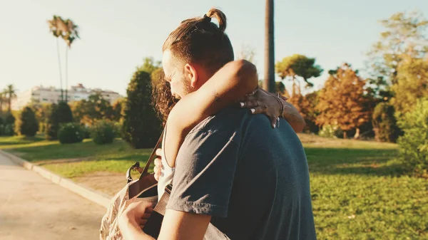 Meeting Two Lovers Interracial Couple Hugging Meet — Foto Stock