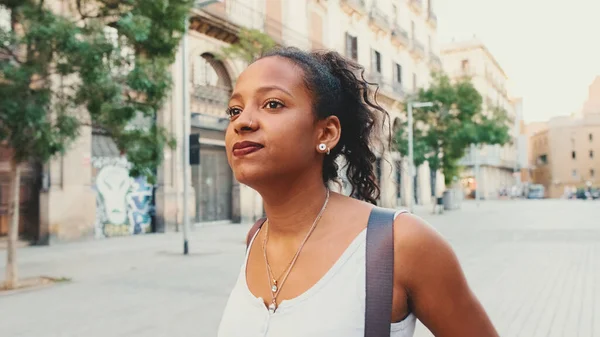 Close Young Mixed Race Woman Walks Street Old City Looks — Fotografia de Stock