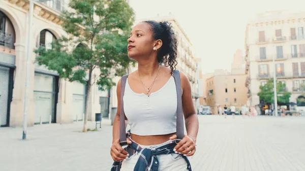 Close Young Mixed Race Woman Walks Street Old City Looks — Fotografia de Stock