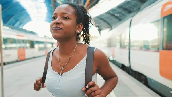 Young Mixed Race Woman Getting Train Railway Station —  Fotos de Stock