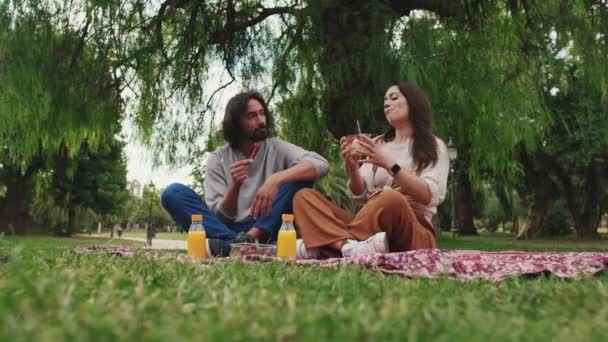 男と女持っている健康的な昼食上の毛布の上に屋外ピクニック — ストック動画