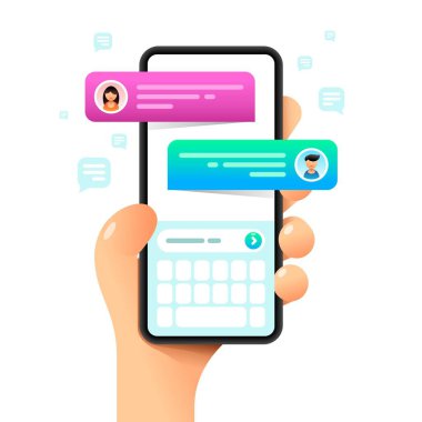 İnsan eliyle akıllı telefon maketi. Kısa mesajlar. Mesajlaşma. Vektör renkli sosyal medya illüstrasyonuName