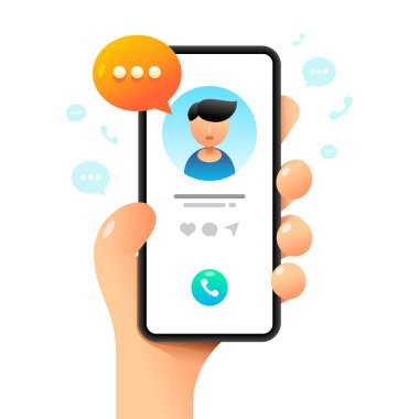 İnsan eliyle akıllı telefon maketi. Bağlantı kuruyorum. Vektör renkli sosyal medya illüstrasyonuName