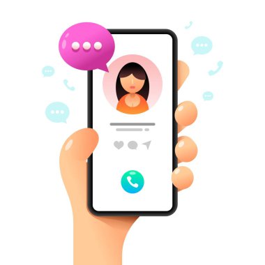 İnsan eliyle akıllı telefon maketi. Bağlantı kuruyorum. Vektör renkli sosyal medya illüstrasyonuName