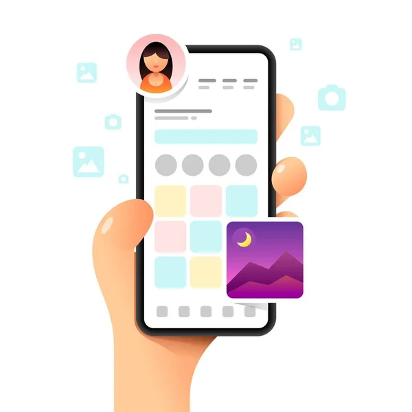 Smartphone Attrappe Menschlicher Hand App Dashboard Profil Hauptbildschirm Vektor Bunte — Stockvektor