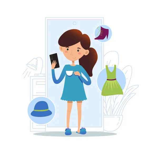 Woman Smartphone Making Online Shopping Vector Illustration Web Mobile Applications — 스톡 벡터