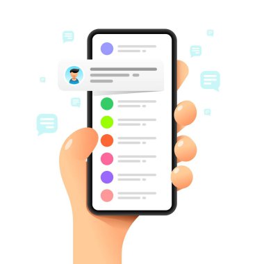 İnsan eliyle akıllı telefon maketi. Sohbet iletişimi. Mesajlaşma. Vektör renkli sosyal medya illüstrasyonuName