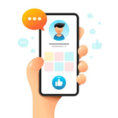 İnsan eliyle akıllı telefon maketi. Profil sayfasında Like düğmesi var. Vektör renkli sosyal medya illüstrasyonuName