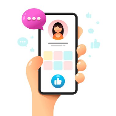 İnsan eliyle akıllı telefon maketi. Profil sayfasında Like düğmesi var. Vektör renkli sosyal medya illüstrasyonuName
