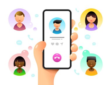 İnsan eliyle akıllı telefon maketi. Konferans görüşmesi. Bir sürü Contatc 'a çağrılar yapıyor. Vektör renkli sosyal medya illüstrasyonuName