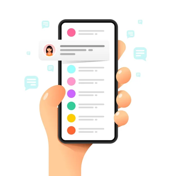 Smartphone Attrappe Menschlicher Hand Chat Kommunikation Botschaften Vektor Bunte Social — Stockvektor
