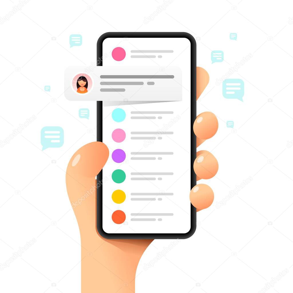 Smartphone mockup in human hand. Chat communications. Messaging. Vector colorful social media illustration
