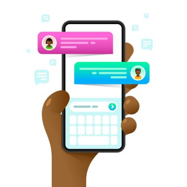 İnsan eliyle akıllı telefon maketi. Kısa mesajlar. Mesajlaşma. Vektör renkli sosyal medya illüstrasyonuName