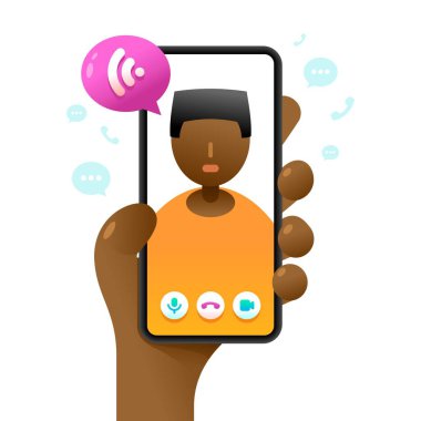 İnsan eliyle akıllı telefon maketi. Çevrimiçi sesli arama. Vektör renkli sosyal medya illüstrasyonuName