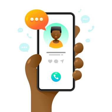İnsan eliyle akıllı telefon maketi. Bağlantı kuruyorum. Vektör renkli sosyal medya illüstrasyonuName