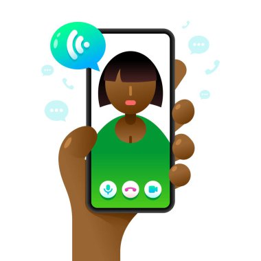 İnsan eliyle akıllı telefon maketi. Çevrimiçi sesli arama. Vektör renkli sosyal medya illüstrasyonuName