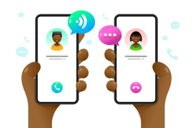İnsan eliyle akıllı telefon maketi. Birbirlerine sesleniyorlar. Birisiyle bağlantı kuruyorum. Mesajlaşma. Vektör renkli sosyal medya illüstrasyonuName