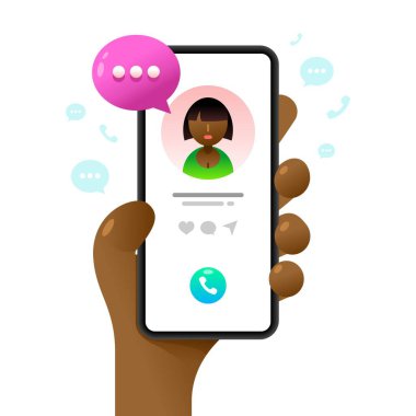 İnsan eliyle akıllı telefon maketi. Bağlantı kuruyorum. Vektör renkli sosyal medya illüstrasyonuName