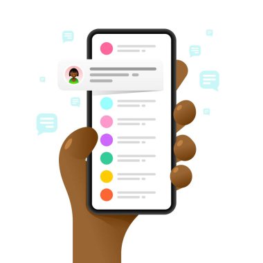 İnsan eliyle akıllı telefon maketi. Sohbet iletişimi. Mesajlaşma. Vektör renkli sosyal medya illüstrasyonuName