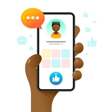 İnsan eliyle akıllı telefon maketi. Profil sayfasında Like düğmesi var. Vektör renkli sosyal medya illüstrasyonuName