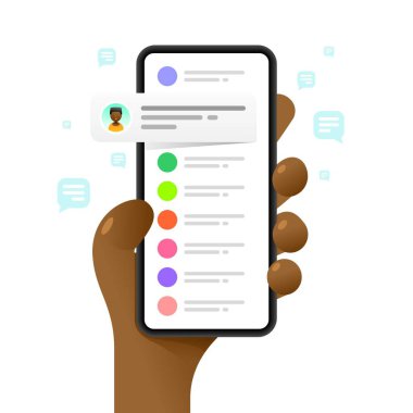 İnsan eliyle akıllı telefon maketi. Sohbet iletişimi. Mesajlaşma. Vektör renkli sosyal medya illüstrasyonuName