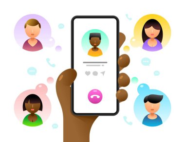 İnsan eliyle akıllı telefon maketi. Konferans görüşmesi. Bir sürü Contatc 'a çağrılar yapıyor. Vektör renkli sosyal medya illüstrasyonuName