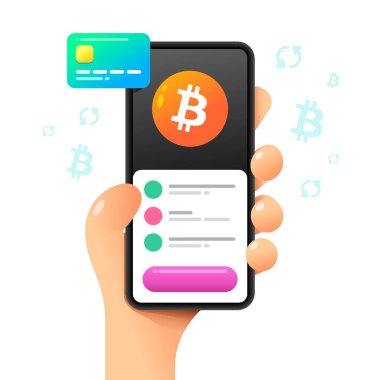 İnsan eliyle akıllı telefon maketi. Değişim operasyonu. Bitcoin ve kredi kartı. Vektör renkli kripto para birimi çizimi