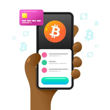 İnsan eliyle akıllı telefon maketi. Değişim operasyonu. Bitcoin ve kredi kartı. Vektör renkli kripto para birimi çizimi