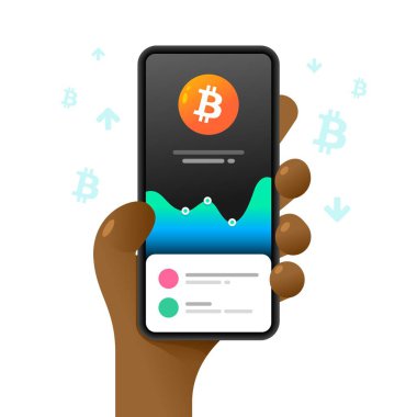 İnsan eliyle akıllı telefon maketi. Bitcoin değer tablosu. Piyasa trendleri. Vektör renkli kripto para birimi çizimi