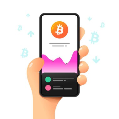 İnsan eliyle akıllı telefon maketi. Bitcoin değer tablosu. Piyasa trendleri. Vektör renkli kripto para birimi çizimi