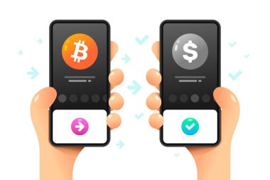 İnsan eliyle akıllı telefon maketi. İşlemi gönder ve dönüştür. Bitcoin ve dolar. Vektör renkli kripto para birimi çizimi